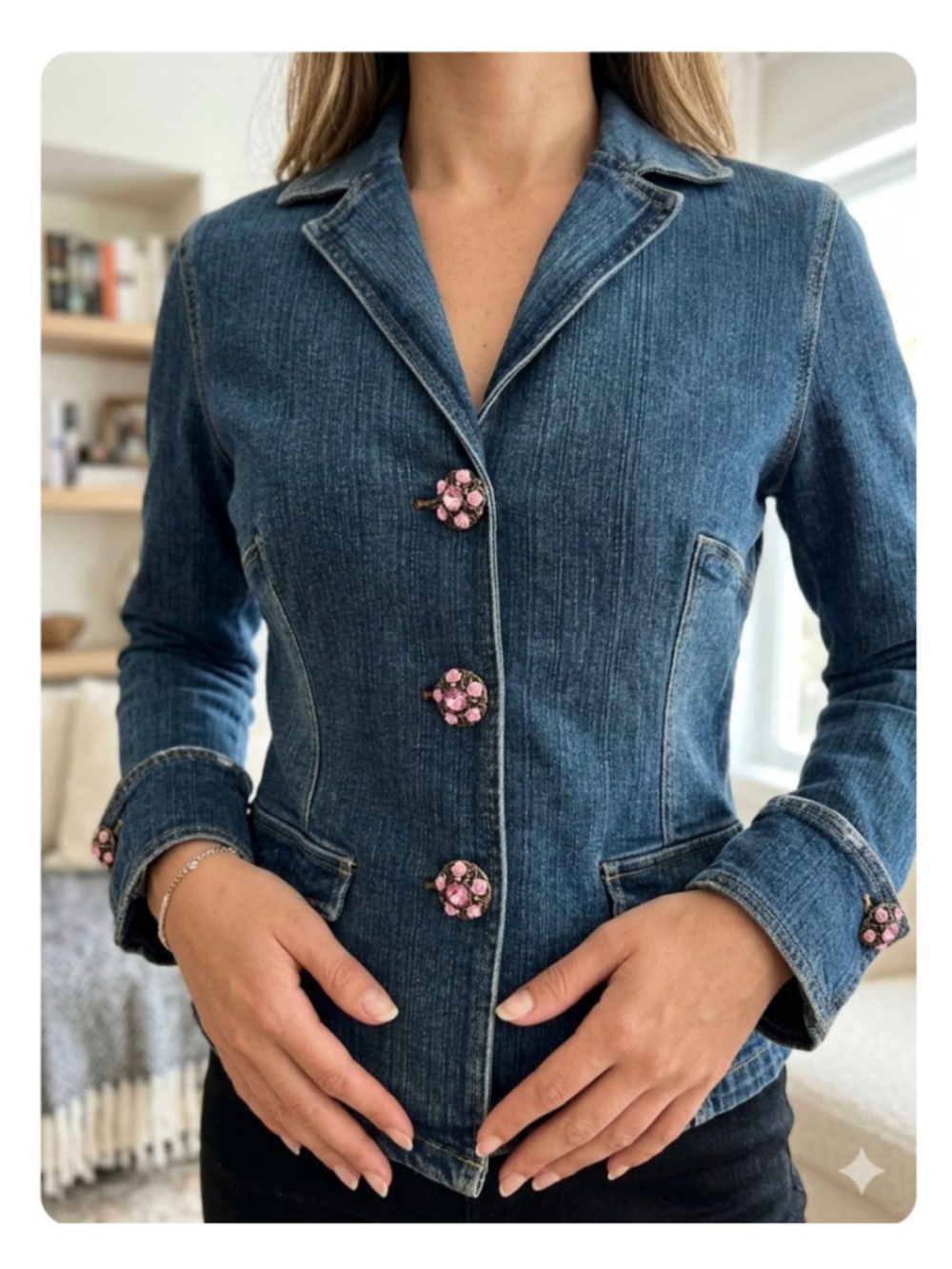 Blue Denim Blazer Jacket Pink Floral Button Snaps Vintage Y2K Fitted large 1409